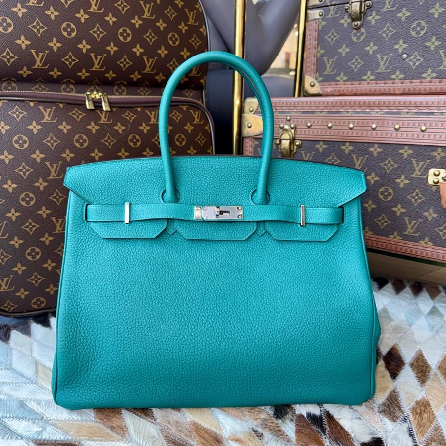 HERMES 柏金BIRKIN35 TOGO皮”銀釦方框Q “孔雀綠/絲絨綠-0