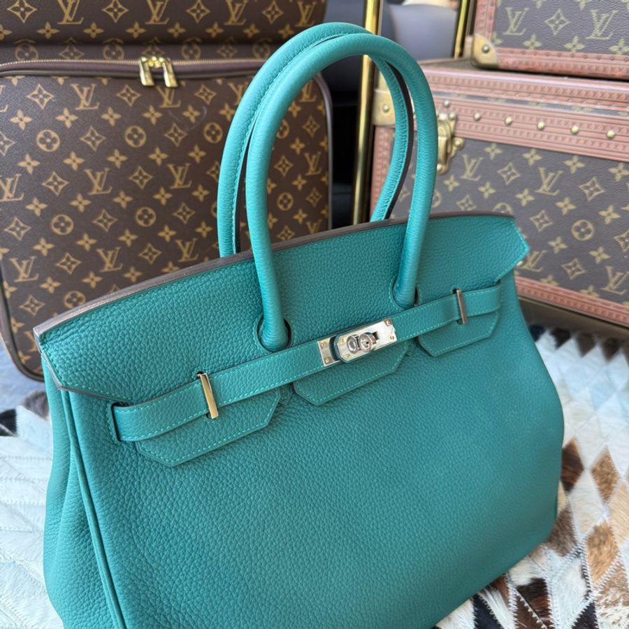 HERMES 柏金BIRKIN35 TOGO皮”銀釦方框Q “孔雀綠/絲絨綠-3