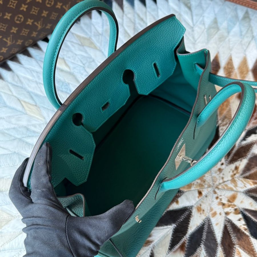 HERMES 柏金BIRKIN35 TOGO皮”銀釦方框Q “孔雀綠/絲絨綠-4