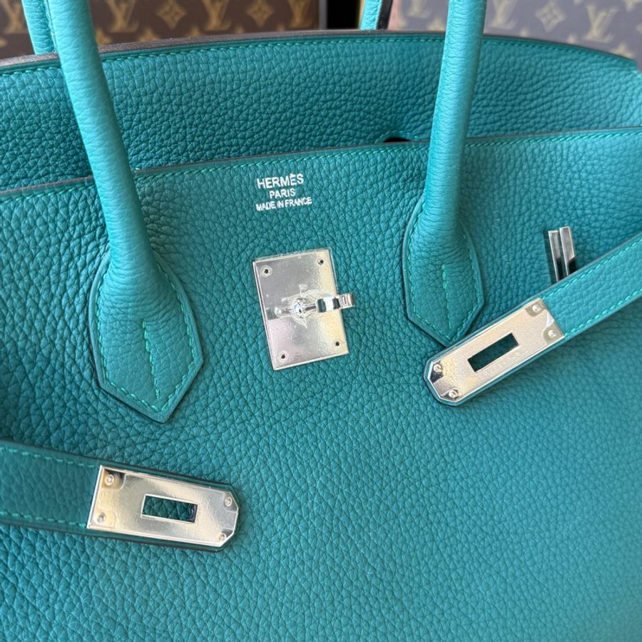 HERMES 柏金BIRKIN35 TOGO皮”銀釦方框Q “孔雀綠/絲絨綠-6