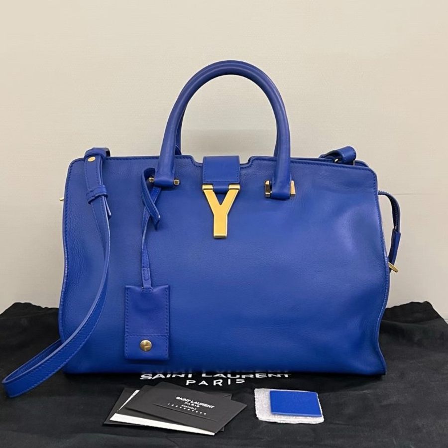 YSL Cabas藍色皮革Y字金標手提斜背包30*20*15 98新配件塵袋-1