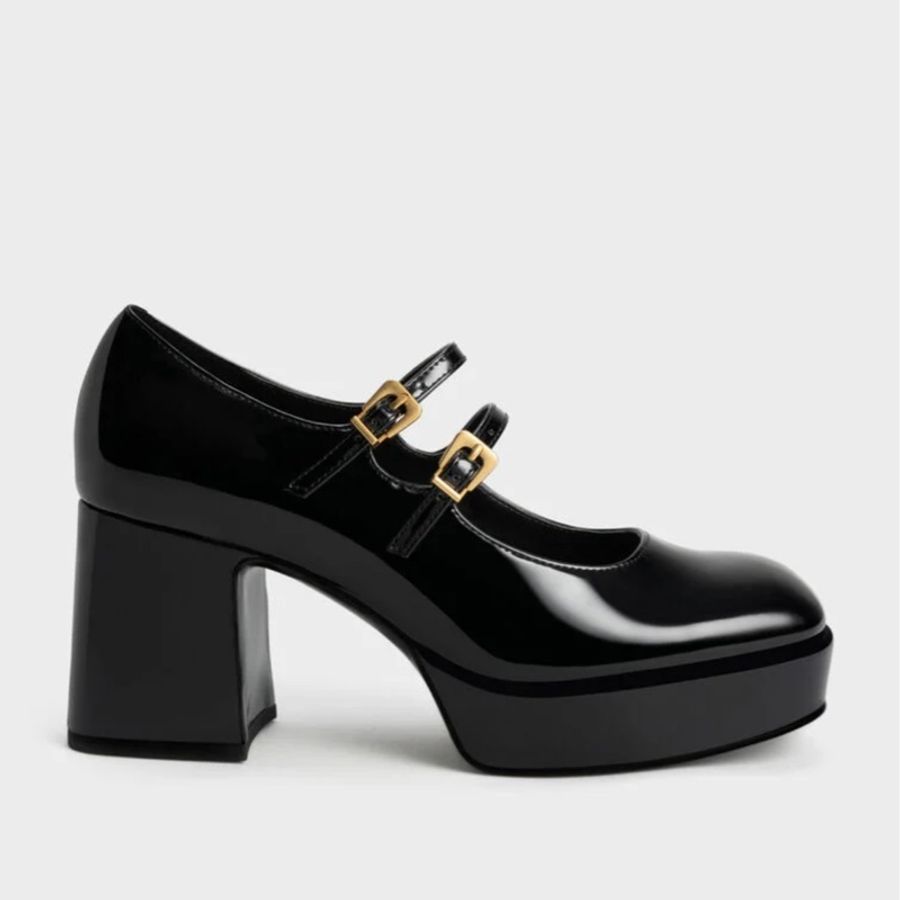 CHARLES & KEITH 小CK 雙帶厚底瑪莉珍鞋 黑色 漆皮 粗跟 39 CK1-60280370-0