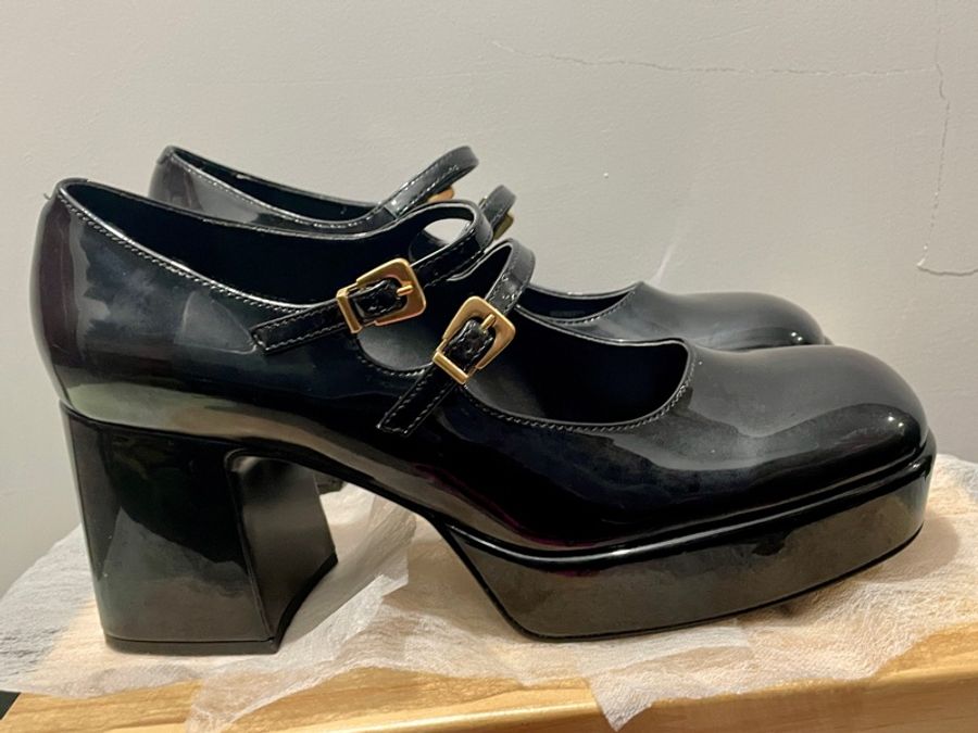 CHARLES & KEITH 小CK 雙帶厚底瑪莉珍鞋 黑色 漆皮 粗跟 39 CK1-60280370-15