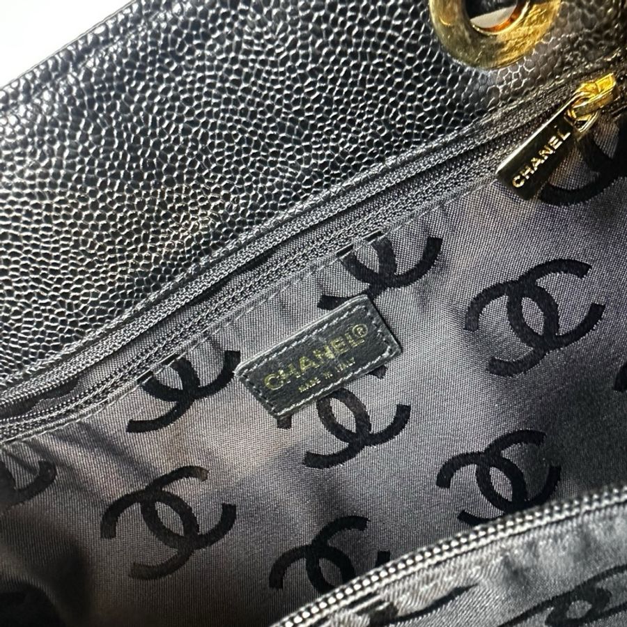 香奈兒/Chanel vintage 抽繩款黑荔枝紋牛皮單肩托特包29x14x24cm-8