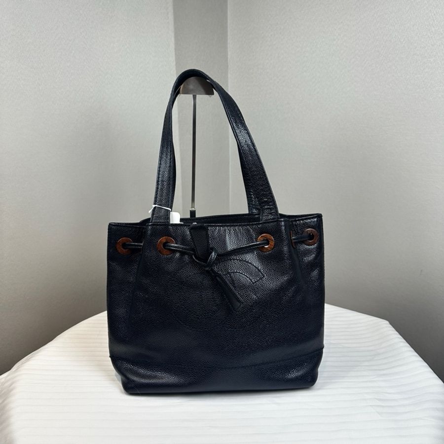 香奈兒/Chanel vintage 抽繩款黑荔枝紋牛皮單肩托特包29x14x24cm-9
