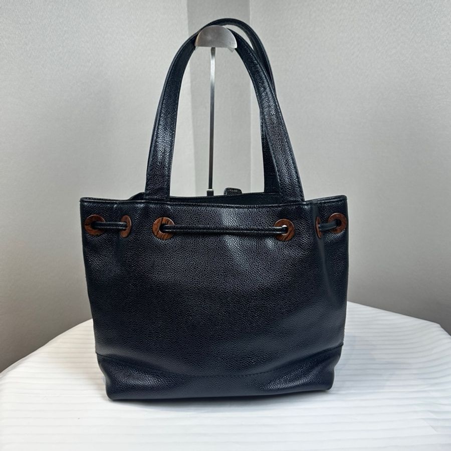 香奈兒/Chanel vintage 抽繩款黑荔枝紋牛皮單肩托特包29x14x24cm-10