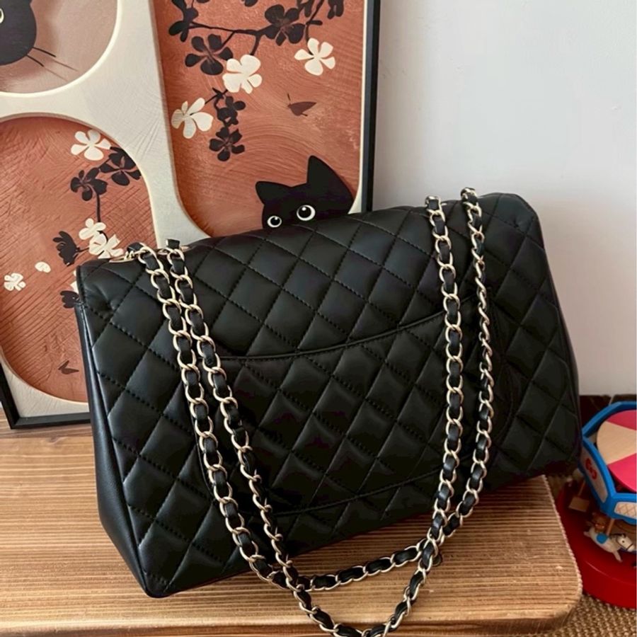 🈶購證99新😍Chanel黑金羊皮戴妃jumbo菱格機場包手提肩背包-9