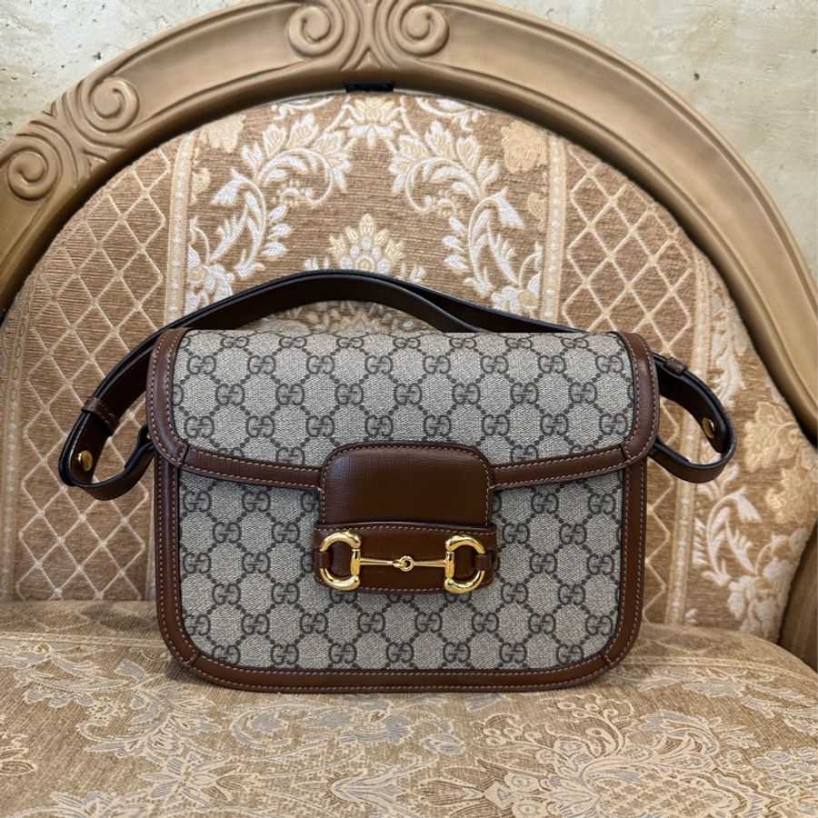 Gucci PVC咖牛皮金釦1955馬銜下蓋肩斜背包-0