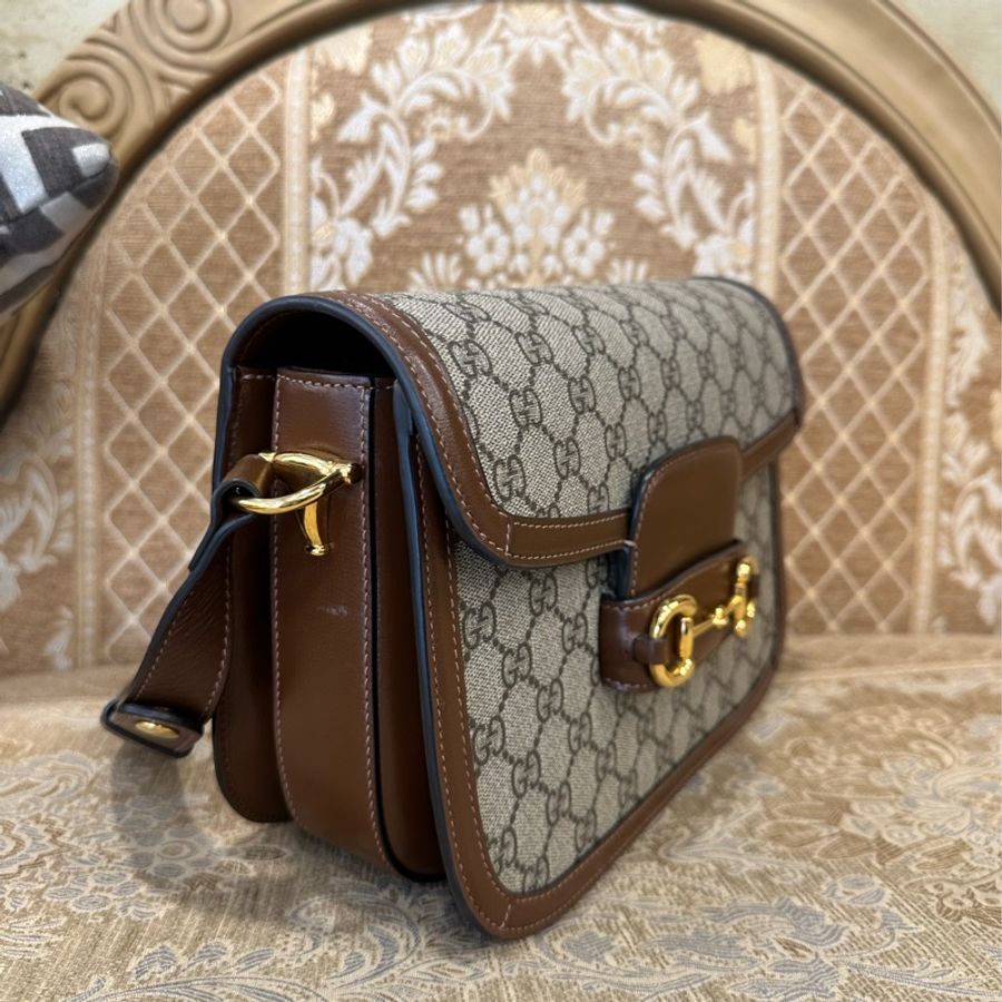 Gucci PVC咖牛皮金釦1955馬銜下蓋肩斜背包-2