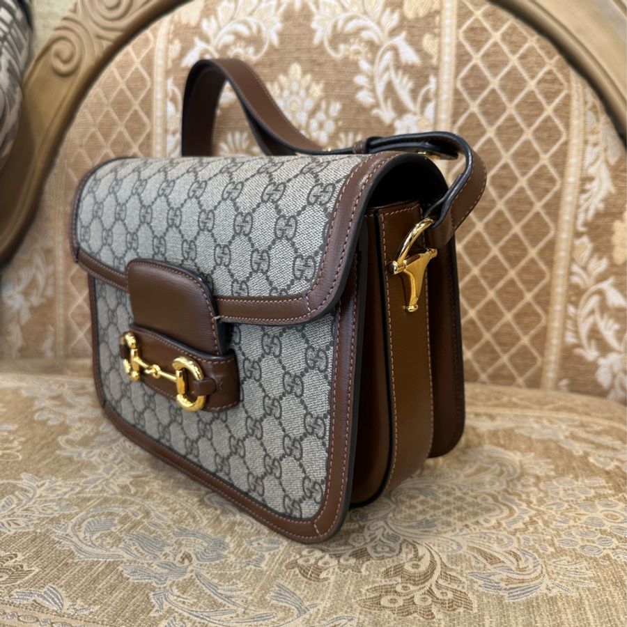 Gucci PVC咖牛皮金釦1955馬銜下蓋肩斜背包-3