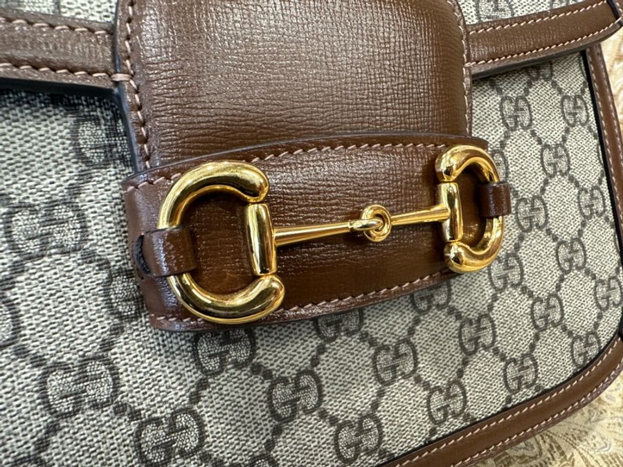 Gucci PVC咖牛皮金釦1955馬銜下蓋肩斜背包-7