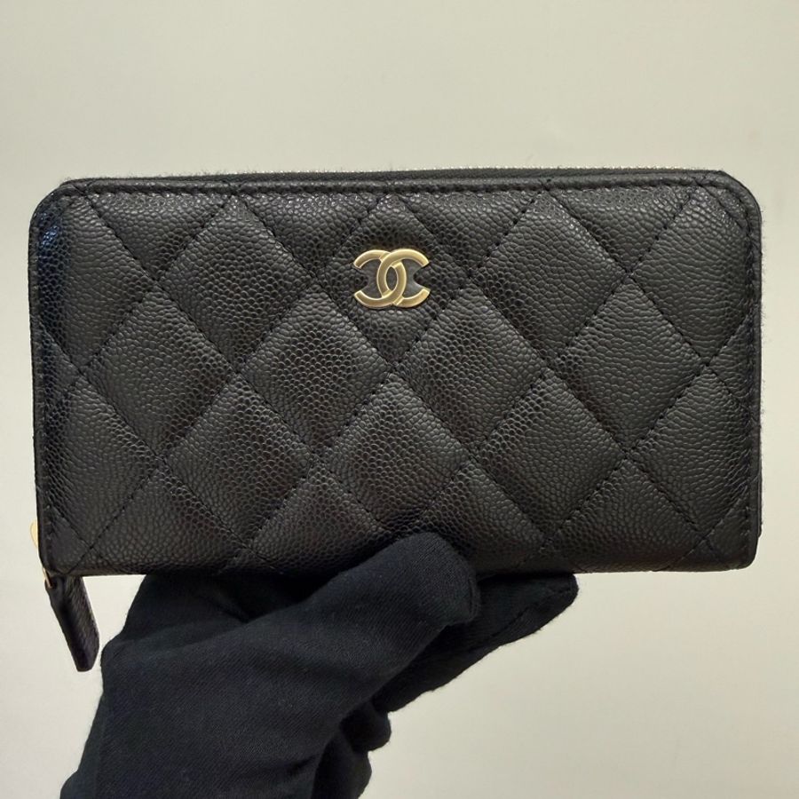 全新Chanel香奈兒經典黑金荔枝拉鍊中夾-6