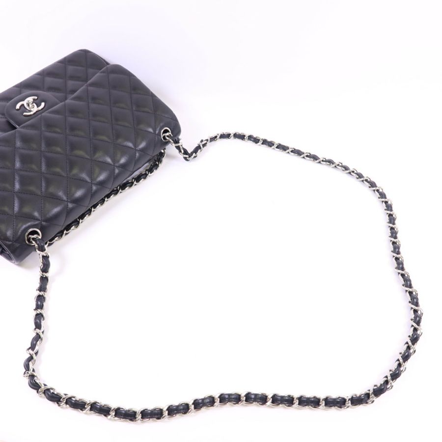 CHANEL 羊皮皮革Large Classic銀扣鏈帶手挽肩背兩用袋-4