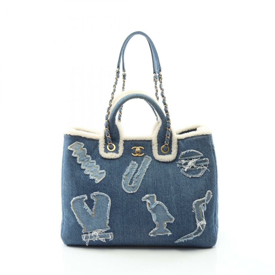 香奈兒 (CHANEL) 大號購物單肩手提包 AS0759 牛仔布 羊毛藍 白色 二手 金色五金-0