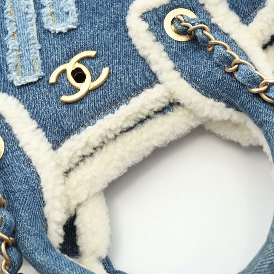香奈兒 (CHANEL) 大號購物單肩手提包 AS0759 牛仔布 羊毛藍 白色 二手 金色五金-6