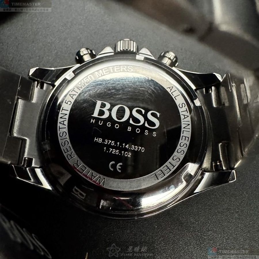 BOSS手錶,編號HB1513875,44mm銀圓形精鋼錶殼,白色三眼, 中三針顯示, 運動錶面,銀色精鋼錶帶款-3