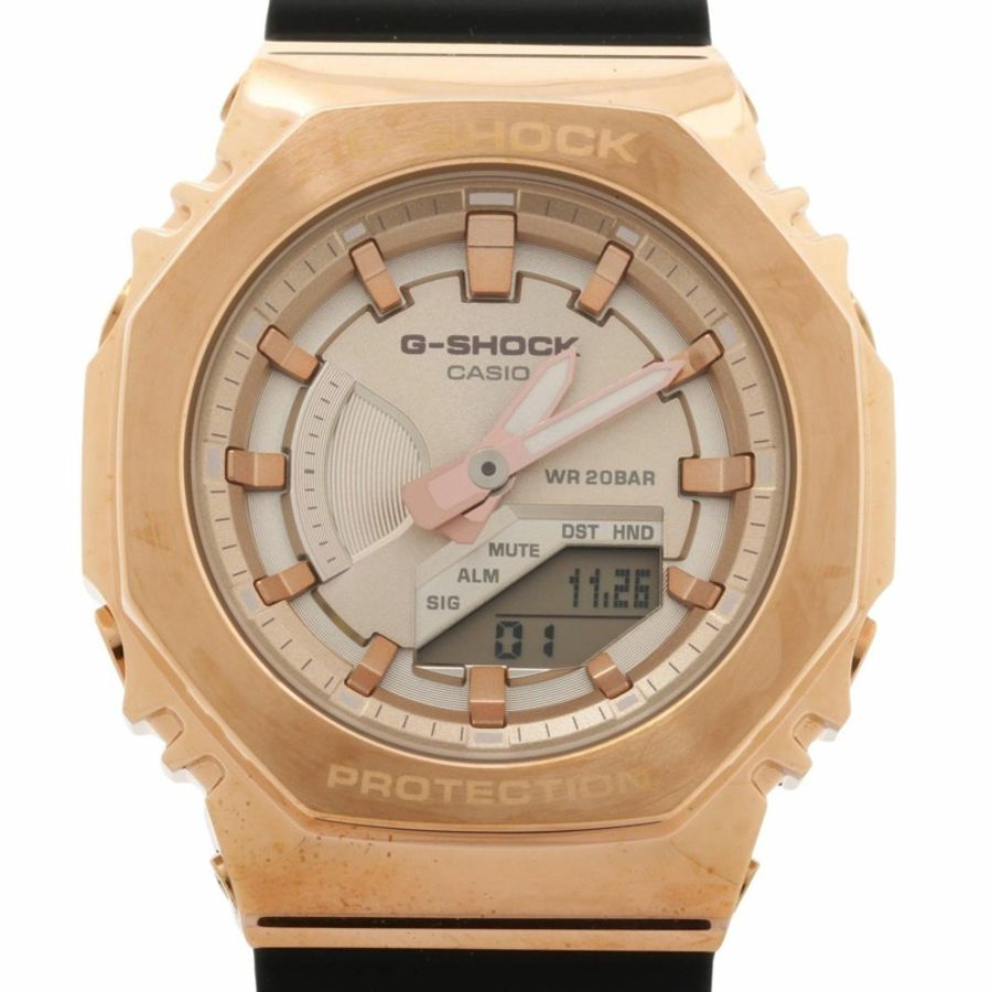 卡西歐 G-SHOCK 指針/數位雙顯女錶 GMS2100PG1A4JF 粉金黑樹脂/不鏽鋼錶殼-0