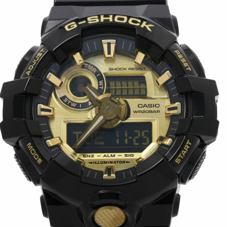 卡西歐 G-SHOCK GA700 系列 GA710GB1AJF 男士腕錶,金色/黑色樹脂錶殼,指針/數位雙顯-0