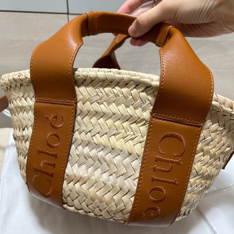 #全新閒置 Chloe Sense經典馬鞍牛皮草編托特包(棕色) 拉菲草草編包-0