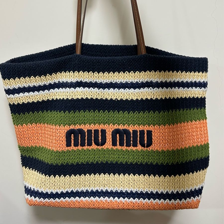 Miu miu TESSUTO 鉤針編織手袋竹編托特 tote bag 條紋編織手提袋 藍色與常春藤-0