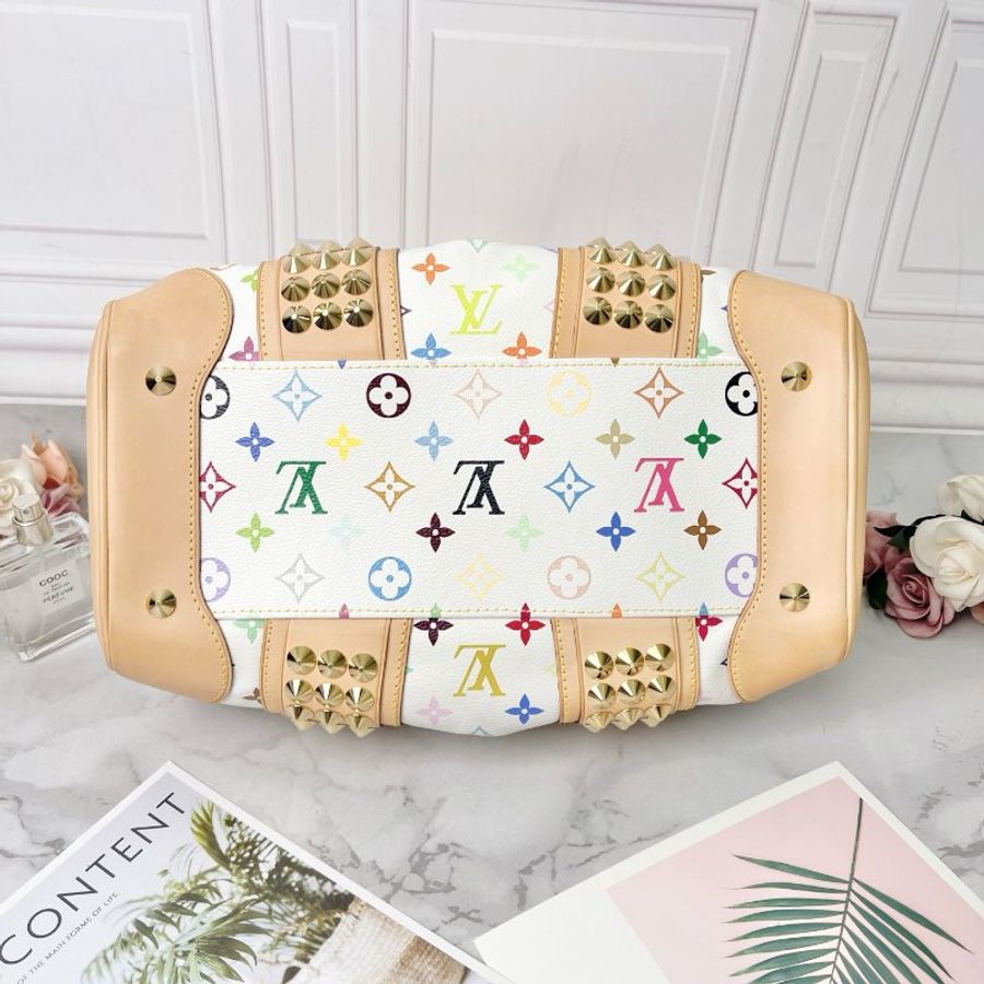 LV 限量絕版鉚釘白三彩波士頓手提肩背包 34×22×17 99新配件塵袋-3