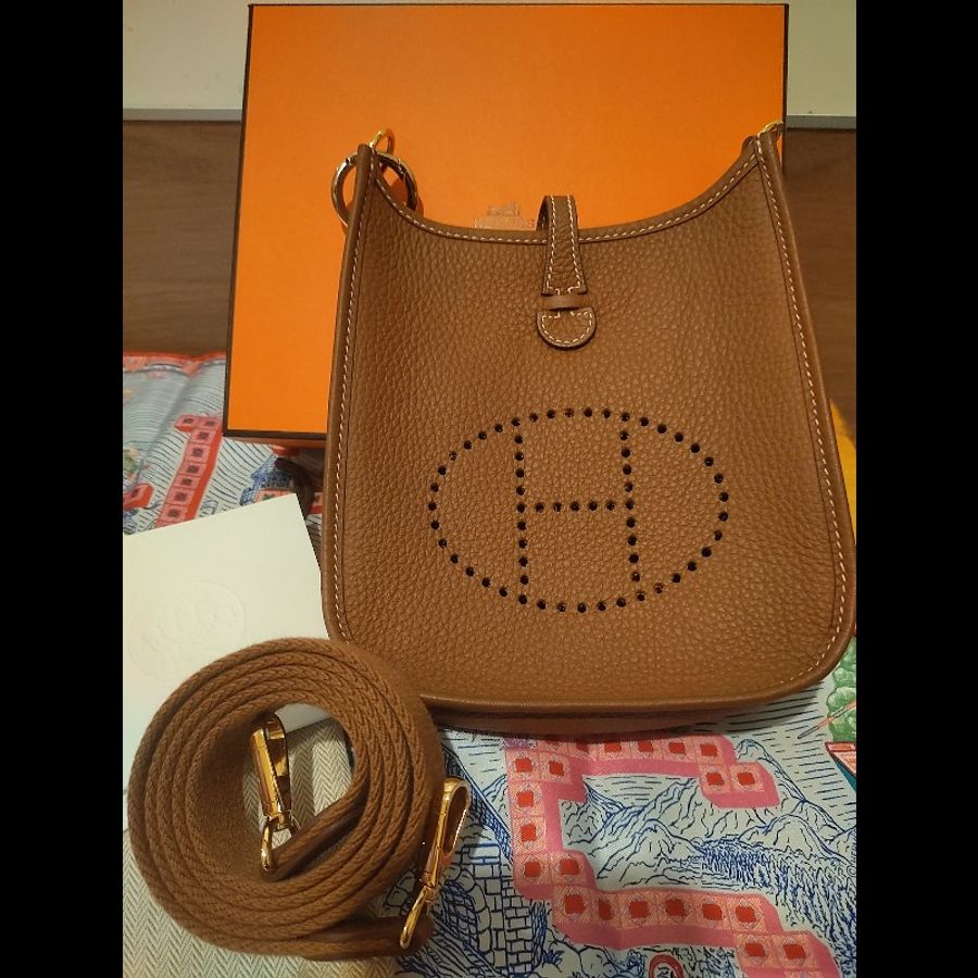 ♡ Hermès Mini Evelyne TPM經典金棕 金釦 ♡ 全配購證齊-0