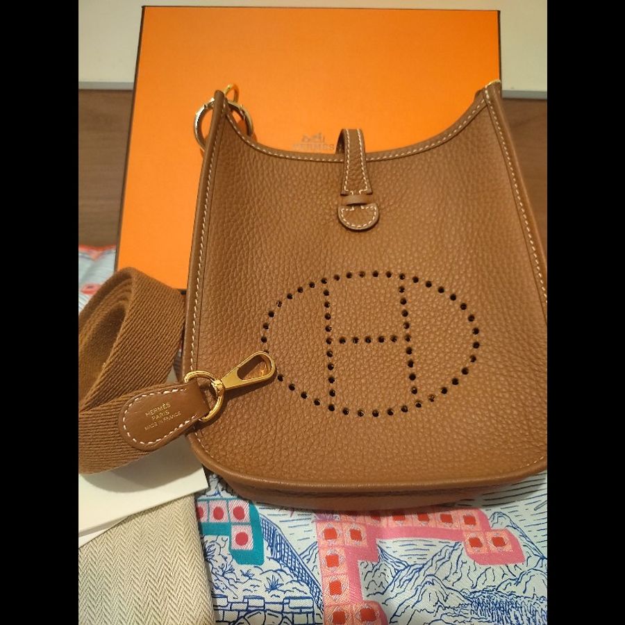 ♡ Hermès Mini Evelyne TPM經典金棕 金釦 ♡ 全配購證齊-1