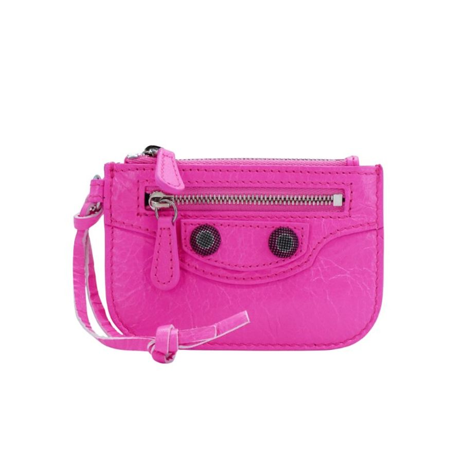 Balenciaga 展示品 Le Cagole 小羊皮鉚釘拉鍊零錢包(螢光粉)-0