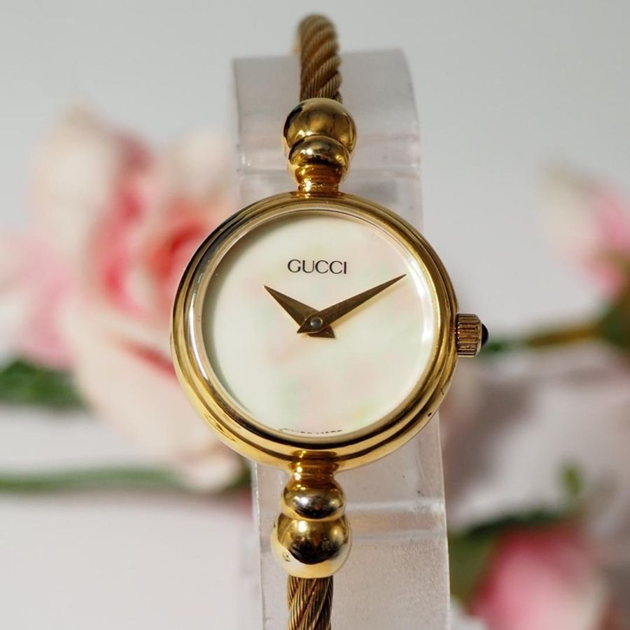 🌷Gucci *稀有Vintage*白母貝麻花手環金錶 |經典花紋✦fufu style 精品✦ 氣質款|手錶.古董手錶-10