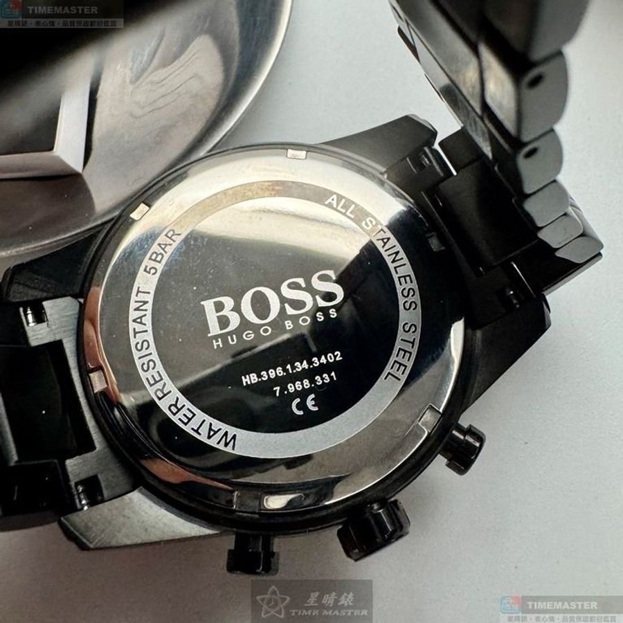 BOSS手錶,編號HB1513785,44mm黑圓形精鋼錶殼,黑色三眼, 中三針顯示錶面,深黑色精鋼錶帶款-3