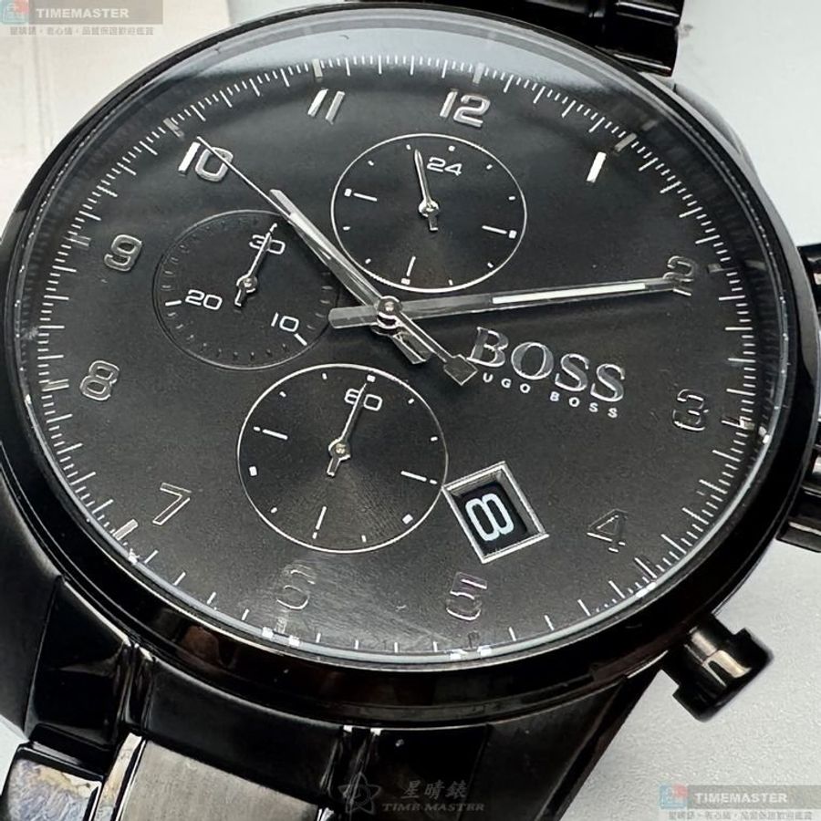 BOSS手錶,編號HB1513785,44mm黑圓形精鋼錶殼,黑色三眼, 中三針顯示錶面,深黑色精鋼錶帶款-7