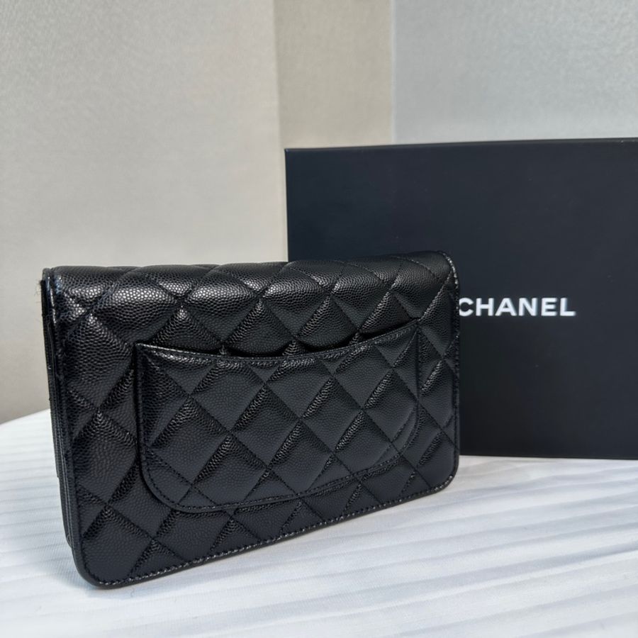 99新 香奈兒/Chanel Wallet on Chain WOC 金扣黑色荔枝皮特殊刻印雙C鏈條口蓋單肩19.5×3×12.5cm-2