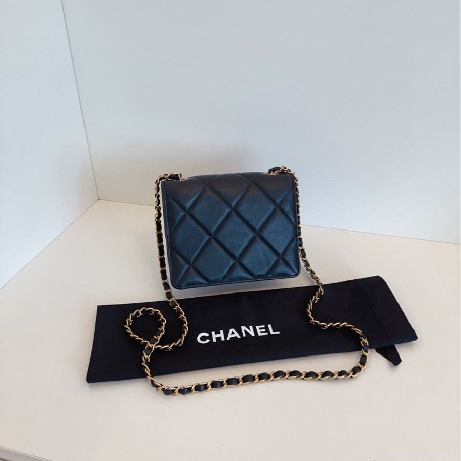 ✨Chanel 黑金鏈條方胖子 晶片款 98🆕 牛皮 可放手機📱-5