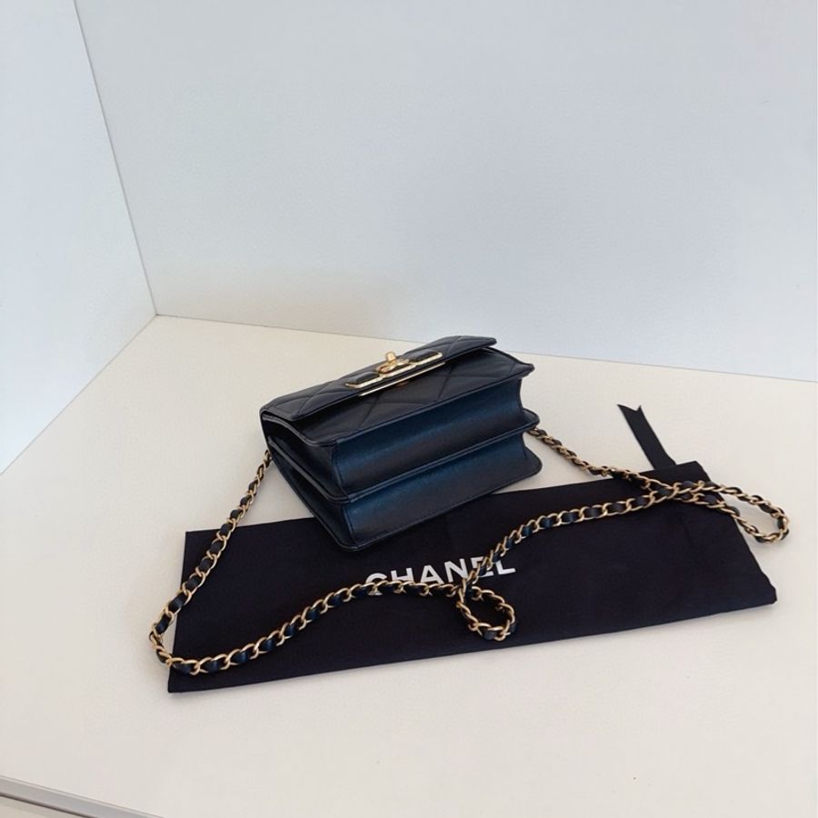 ✨Chanel 黑金鏈條方胖子 晶片款 98🆕 牛皮 可放手機📱-7