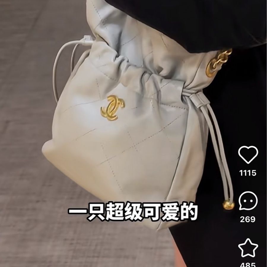 CHANEL 香奈兒 金色CC Logo 福袋 雙金珠抽繩水桶包 鼠尾草灰-2