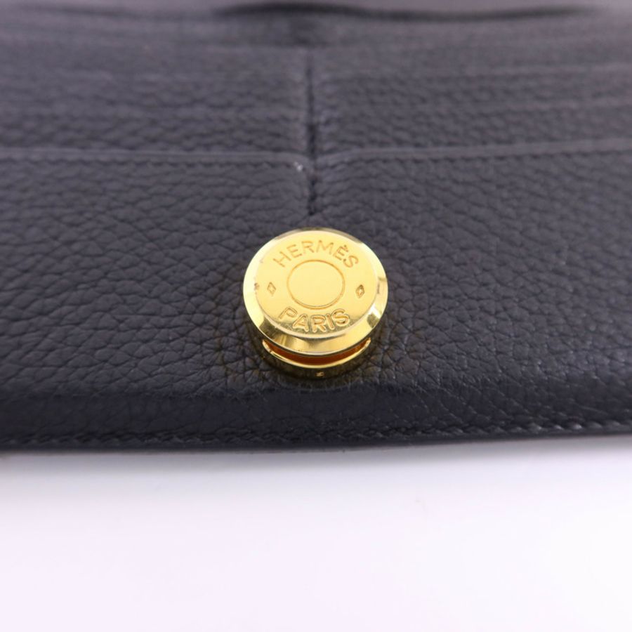 HERMES Clemence皮革Dogon Wallet金扣長錢包Noir-8
