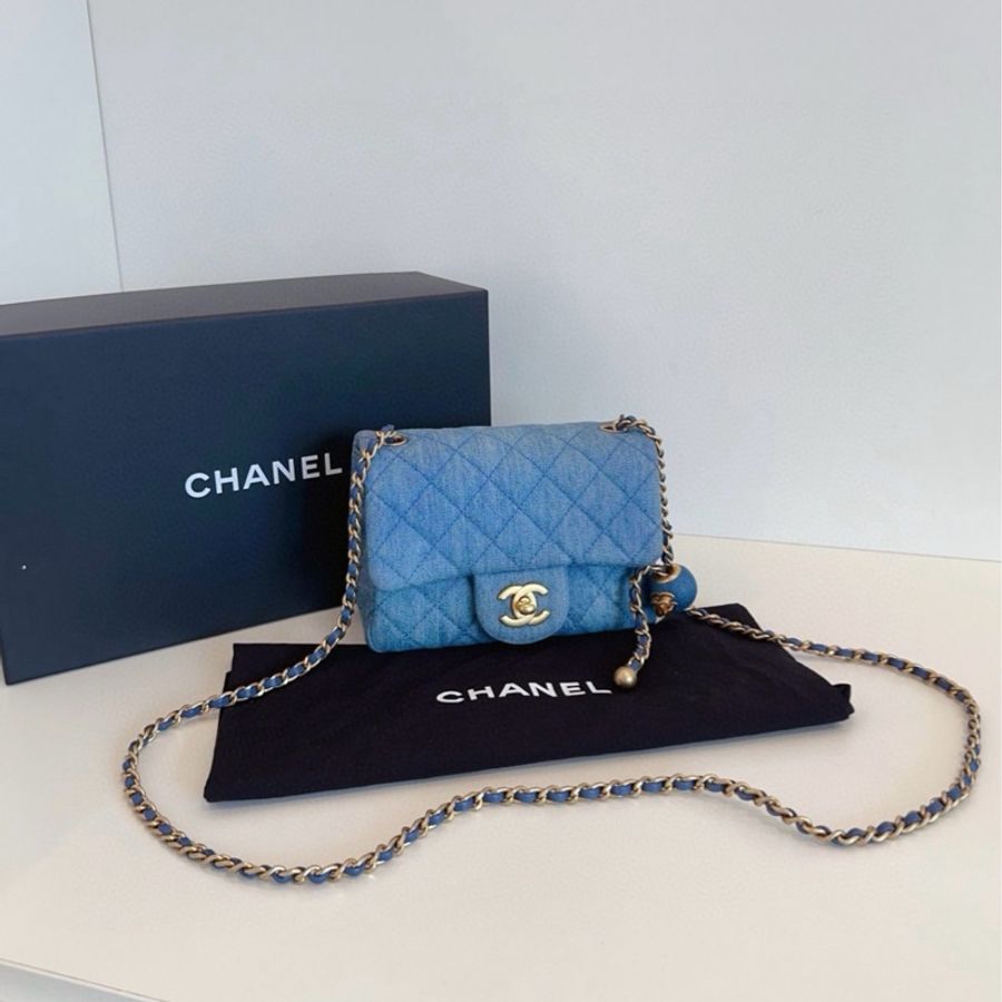 ✨Chanel 牛仔藍金球方胖子 99新 部分膜還在 鏈條可調節💙-3