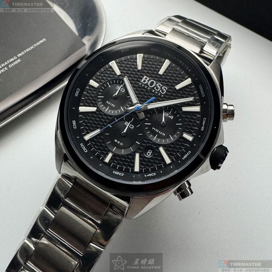 BOSS手錶,編號HB1513857,46mm銀圓形精鋼錶殼,黑色三眼, 中三針顯示, 運動錶面,銀色精鋼錶帶款-12