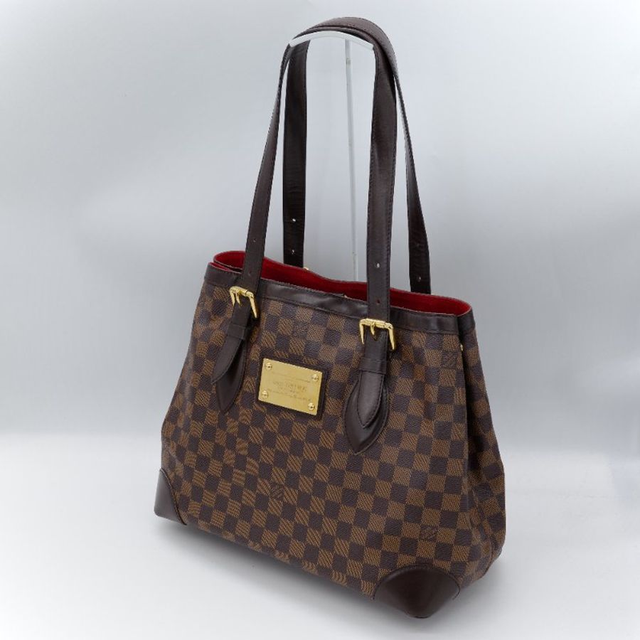 Louis Vuitton 路易威登 Damier Ebene Hampstead MM 棕色 紅色內裡 棋盤格 帆布 肩背包 托特包-1