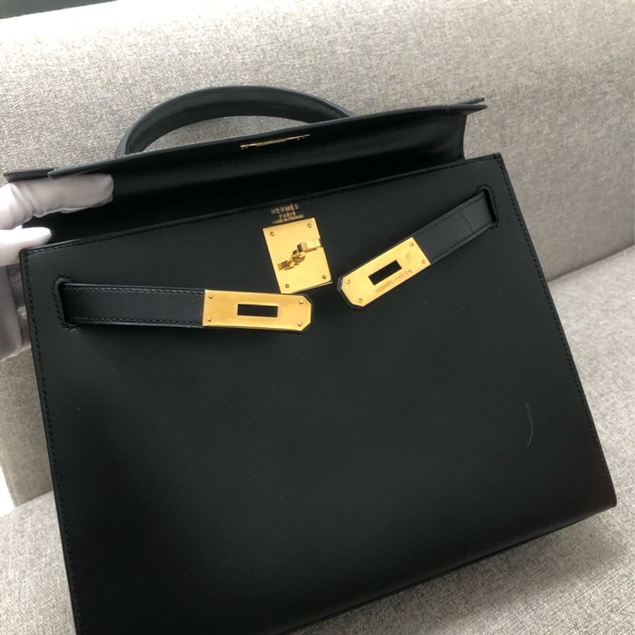 二手Hermes愛馬仕Kelly28黑金box皮,圓圈U刻,很難遇到這麼好品相,沒有開裂皺摺-4