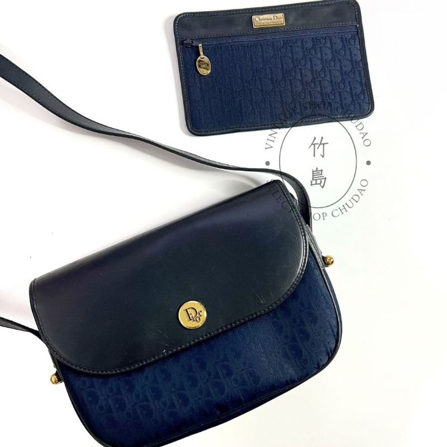 Dior 老花深藍帆布 x 皮革單肩包-5