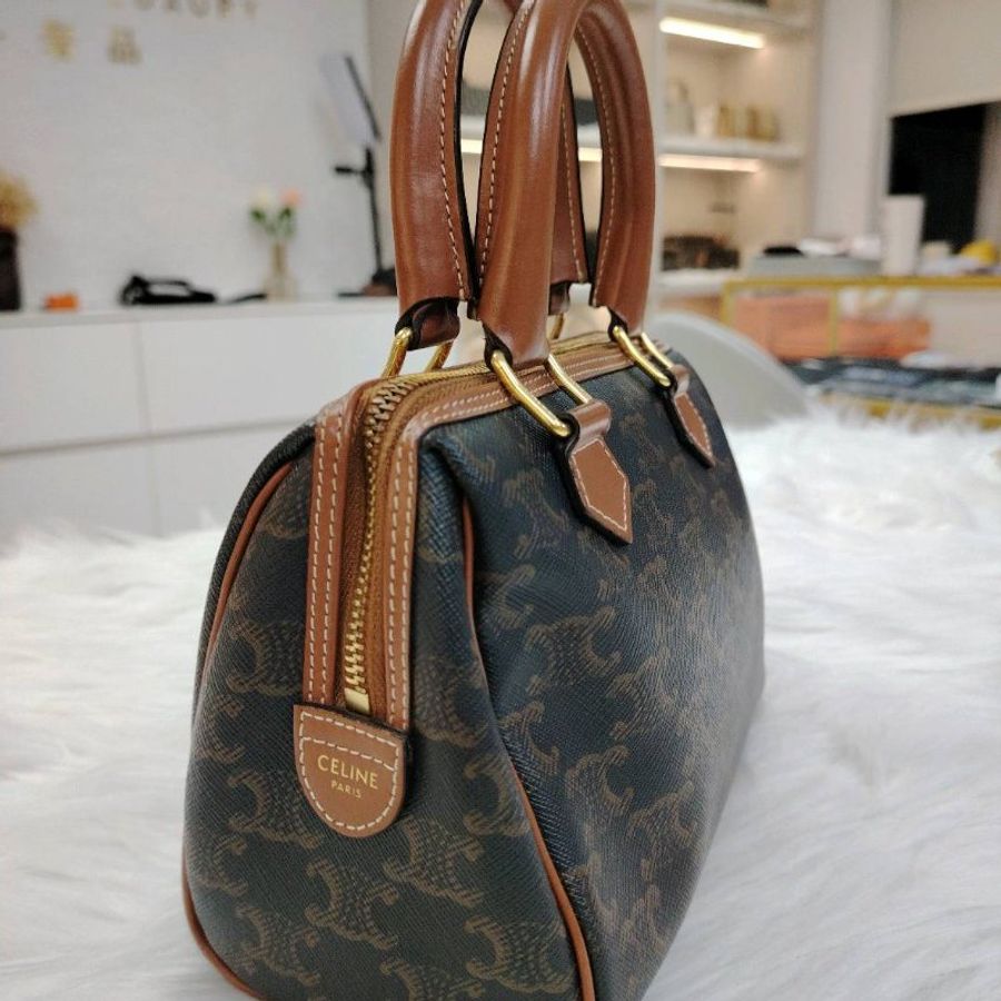 Celine 波士頓 黃褐色 老花 塗層帆布拼牛皮 小號-1