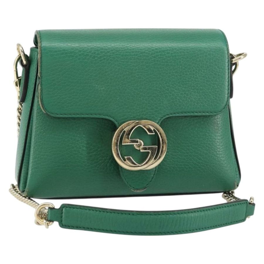 【日本直送】GUCCI 雙G鏈條肩背包,皮革材質,綠色/金色,貨號607720,正品編號158806-0
