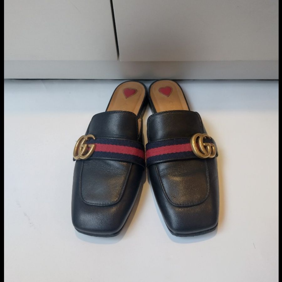 Gucci 黑皮藍紅藍 GG logo 平底鞋-0