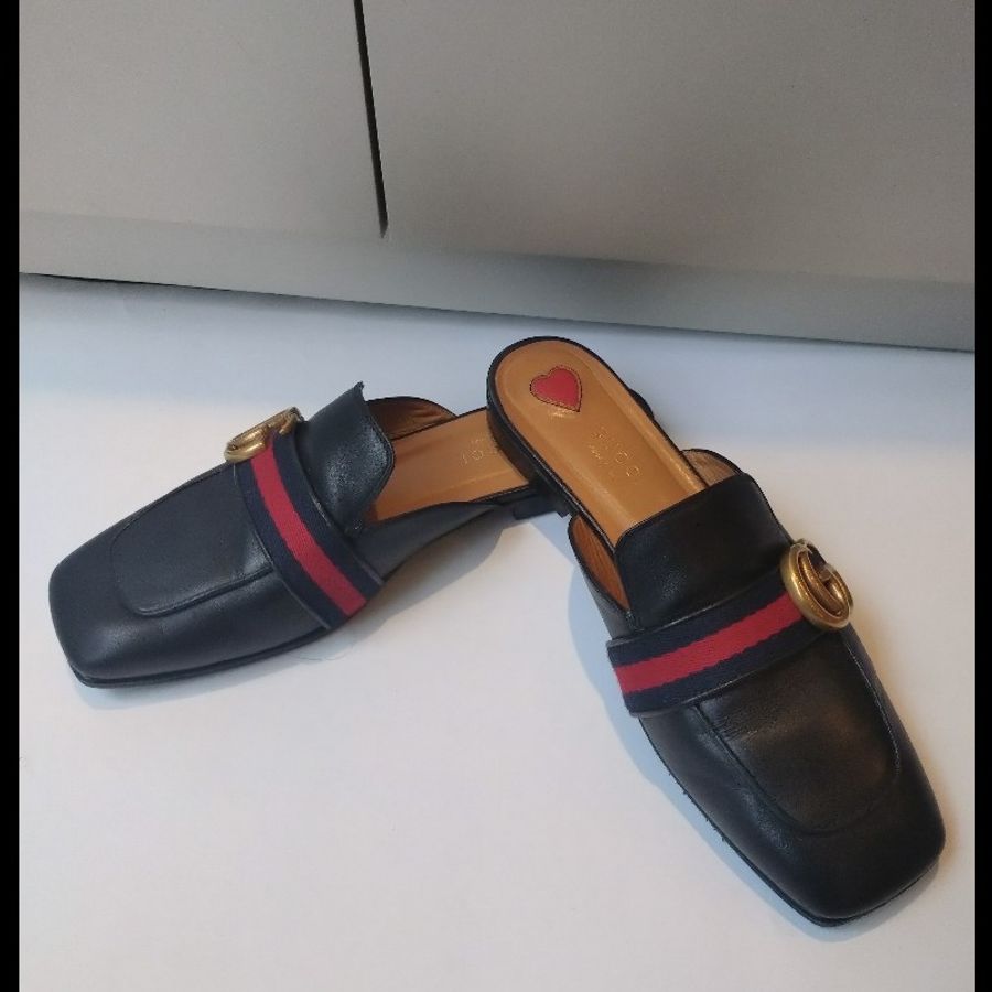 Gucci 黑皮藍紅藍 GG logo 平底鞋-5