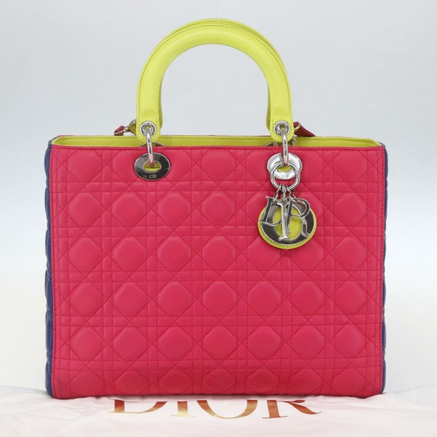 【日本直送】Christian Dior Lady Dior Canage 手提包,真皮材質,兩用,粉紅色/銀色,正品,貨號 157405SAM-11