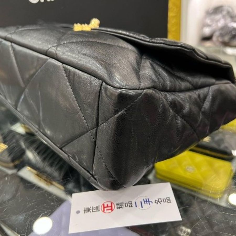 東區正精品㊣CHANEL 19 AS1161 香奈兒黑色大菱格紋小羊皮金銀鍊肩背包手提包中號 30CM RZ6114-6