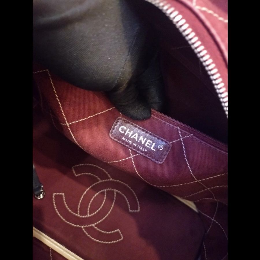 Chanel 黑肩帶淺灰皮革大托特包-18
