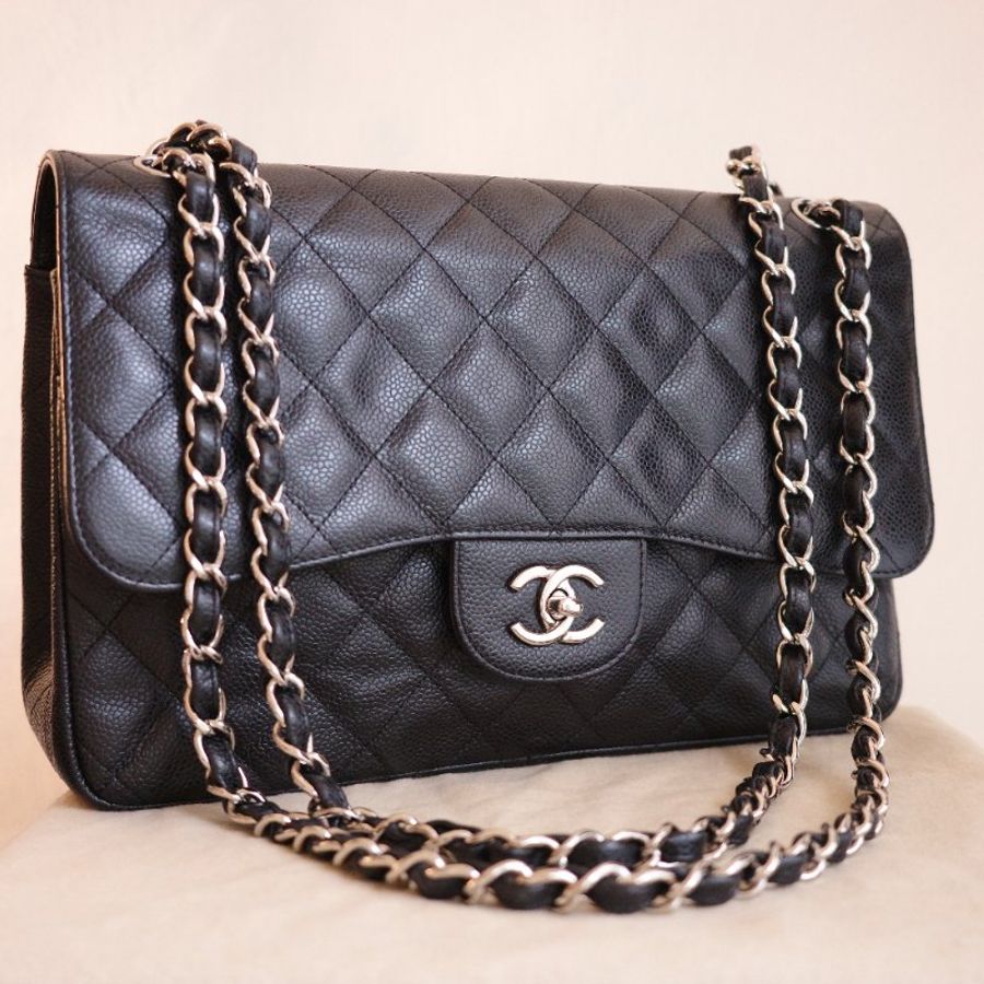 CHANEL 雙C經典口蓋包 CF30 JUMBO 黑銀荔枝皮 雙蓋 購於台中大遠百 付防塵袋-7