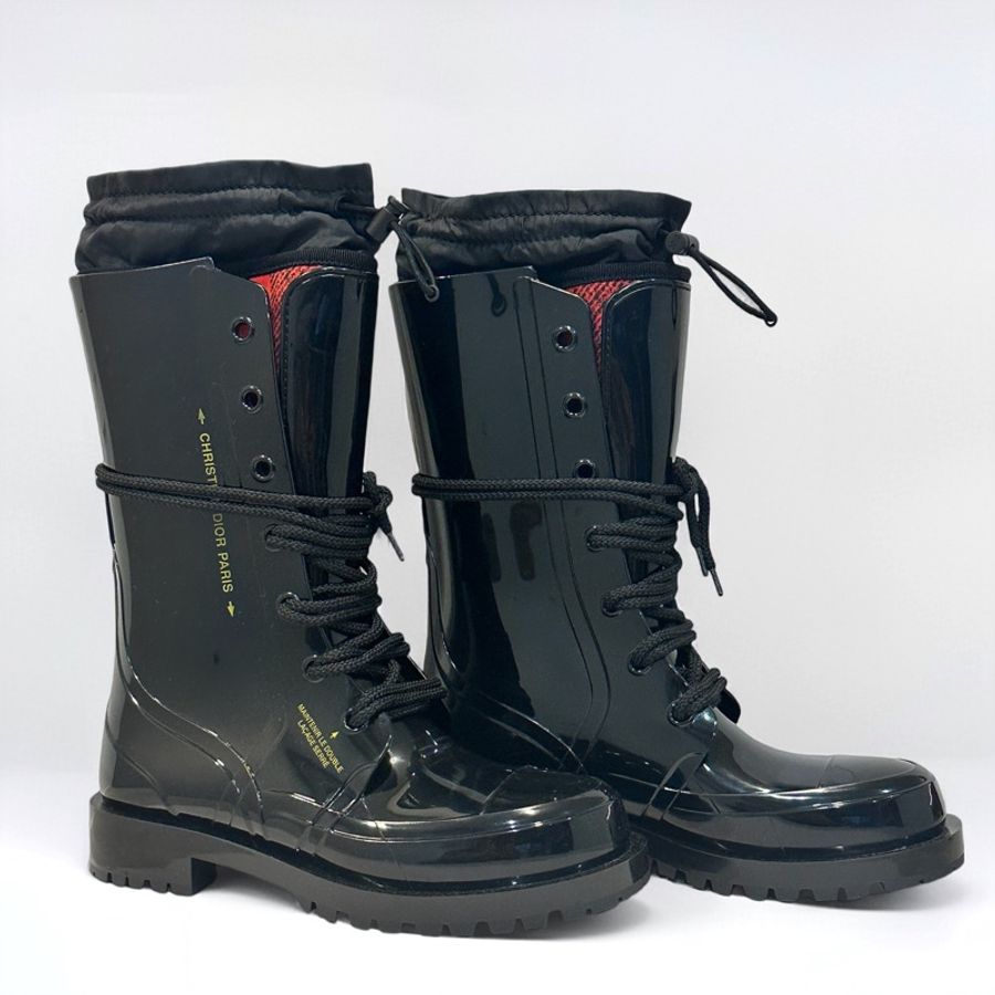 Dior 格紋襪套式亮面橡膠短筒靴 EU37-1